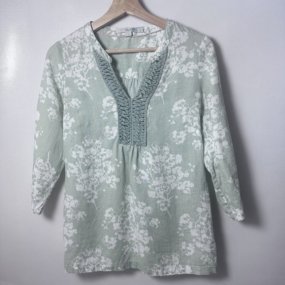 Boden Blouse Womens 4 Hreen WhiteLinen Shirt Floral 3/4 Sleeve Crochet N…